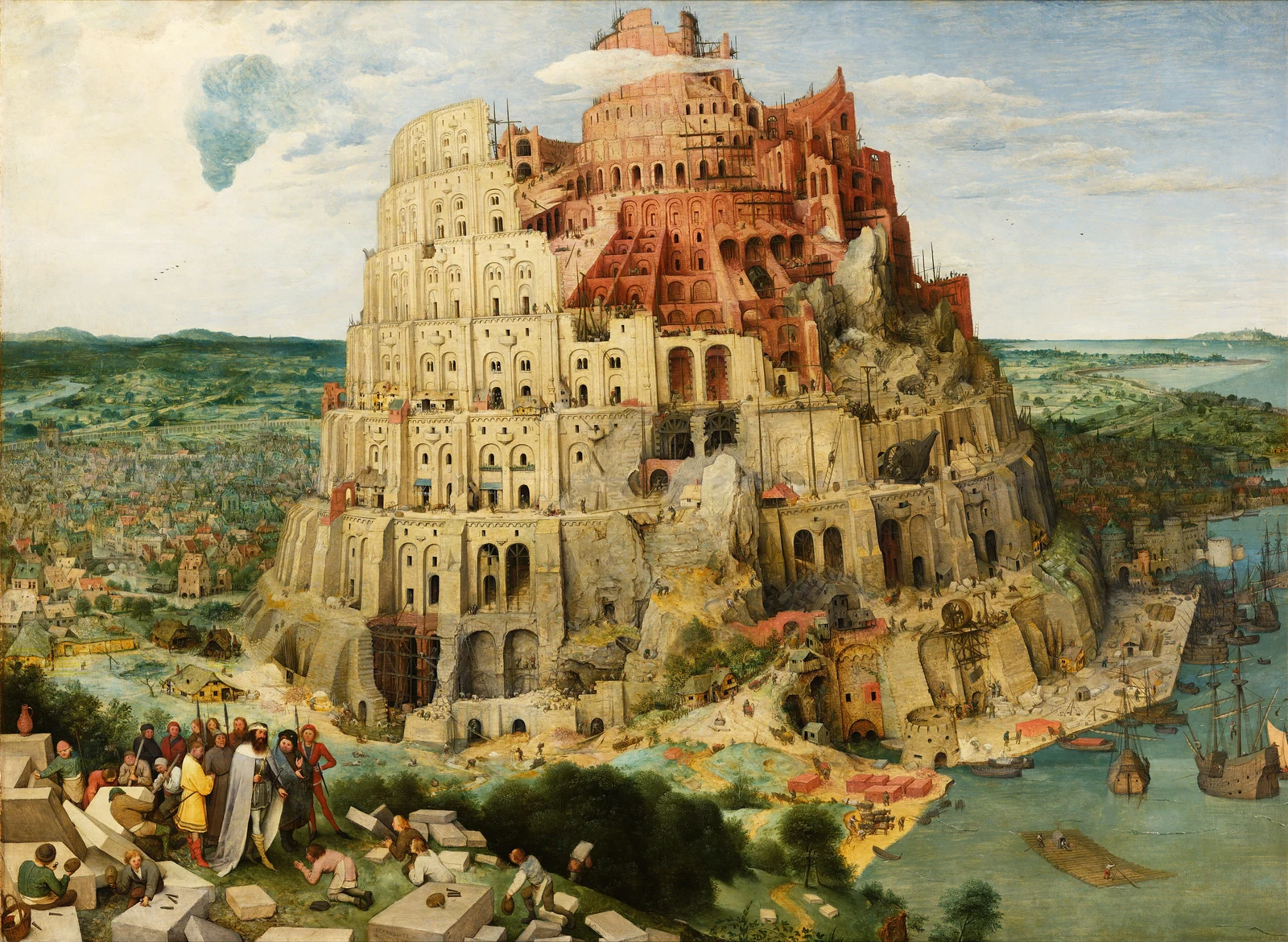 A monumental tower under construction rises above a town and a harbour, surrounded by workers and small figures.