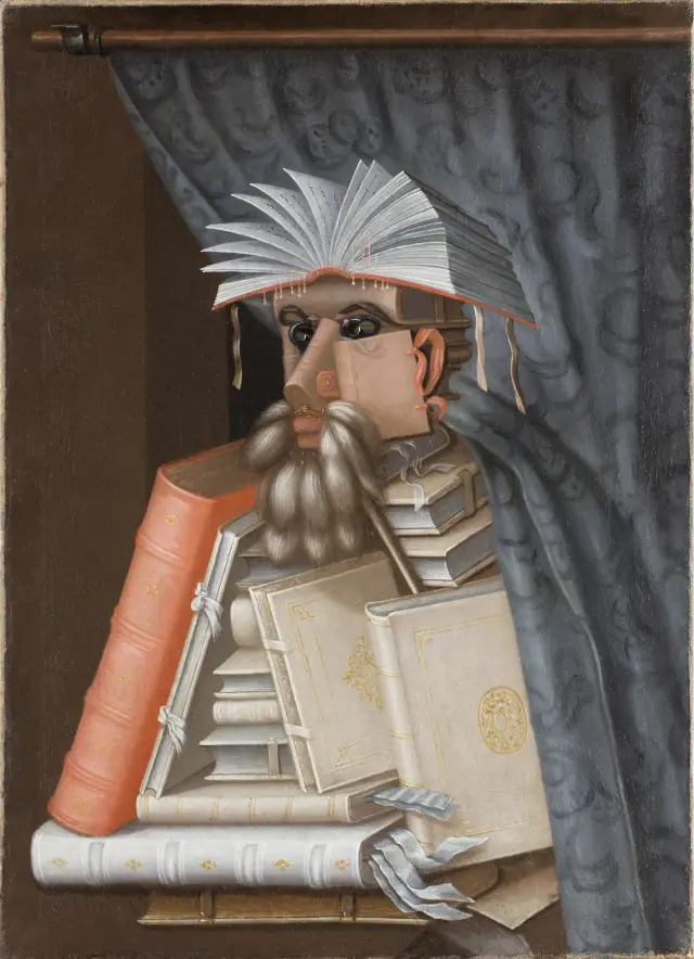 A human figure made of books, with an open volume forming the hair.